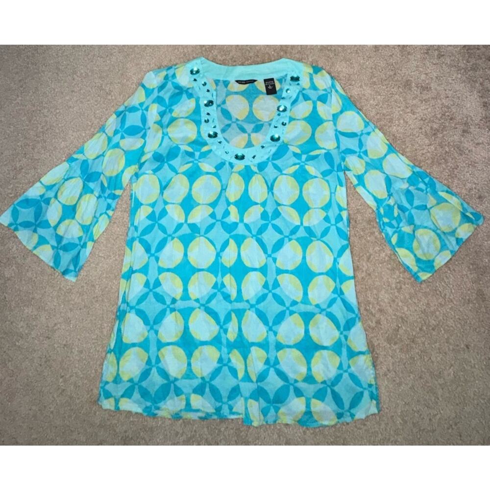New York & Company Embellished Geometric Tunic Top Women’s M Aqua Blue Cotton